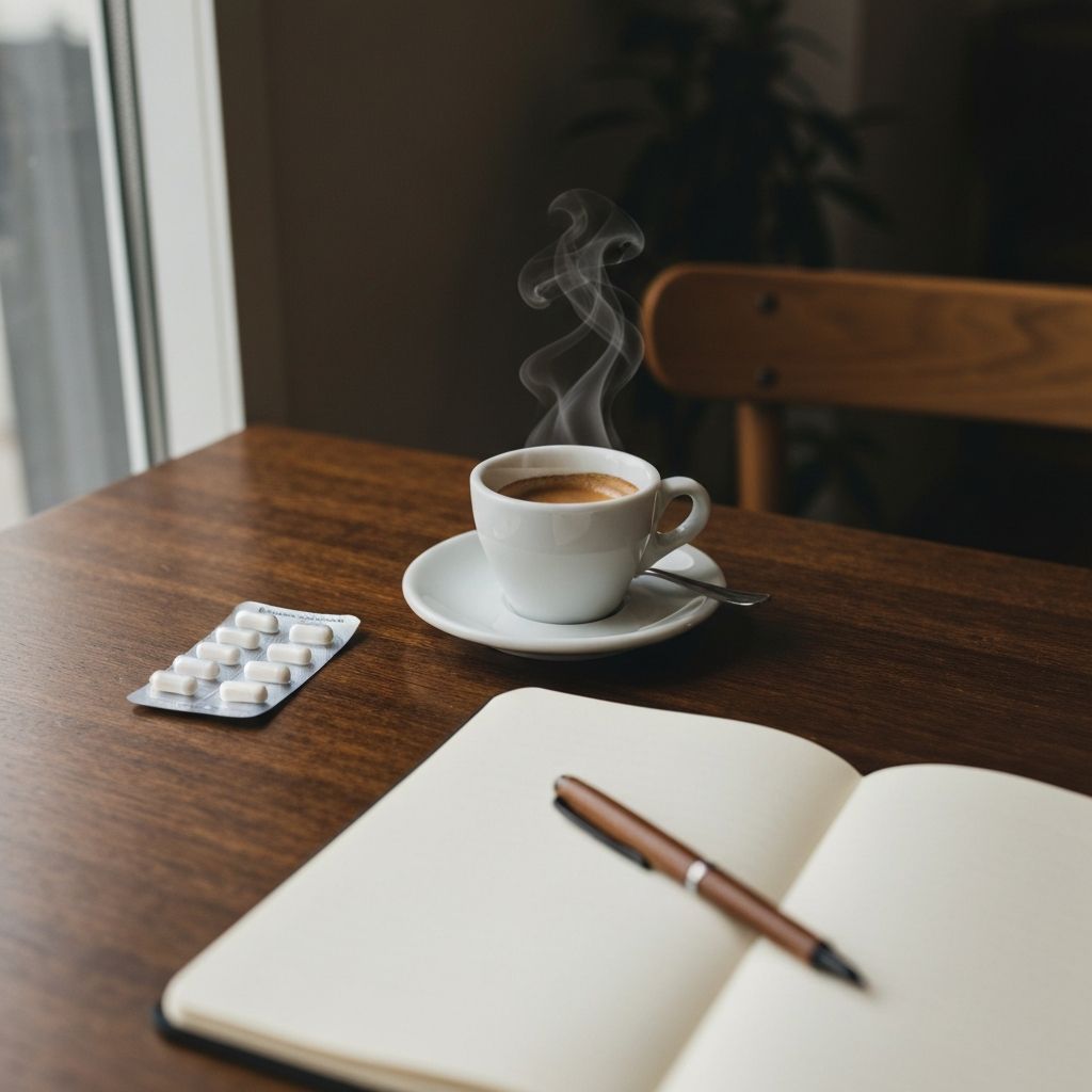 Café-Tisch mit Espresso, Supplement-Blister und offenem Notizbuch